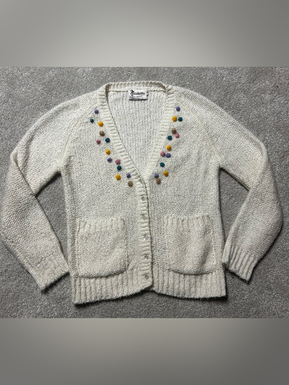 Vtg 70s 80s Nasharr Cream Knit Pom-Pom Cardigan Sweater V-Neck Pockets Medium